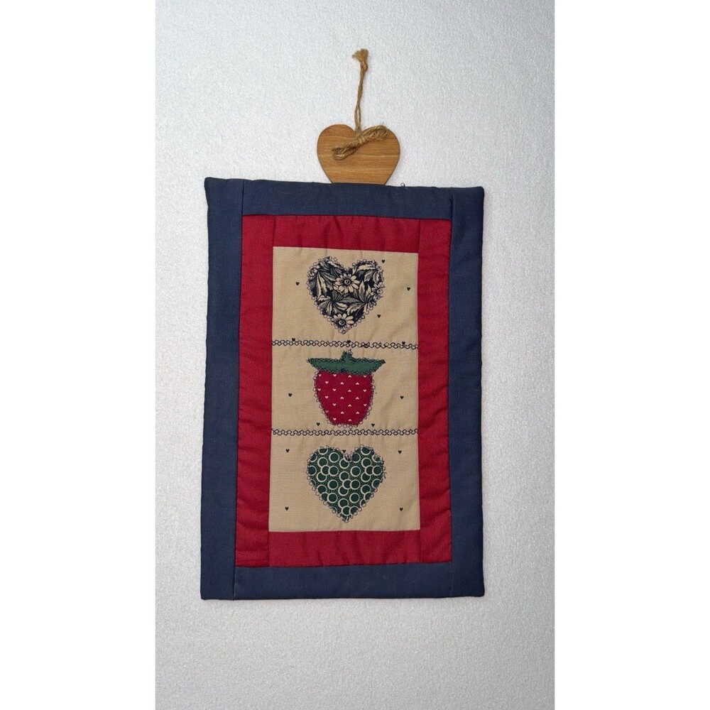 Vintage Quilted heart Wall Hanging Hearts Strawberry Navy Red cottage core